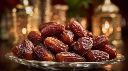 Delicious Fresh Dates Pile on Glass Plate, Enhanced by Ramadan Lanternsの素材