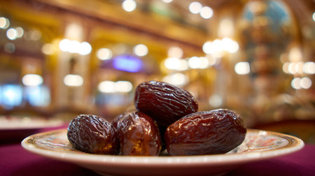 Delicious Dates on a Decorative Plate with Blurred Background Ambianceの素材