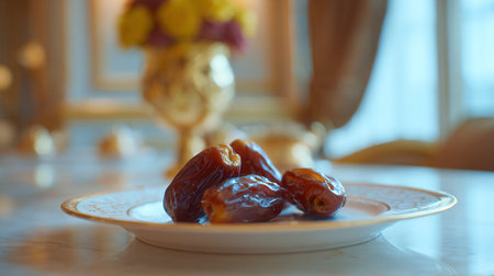 Elegant dates on a decorative plate, showcasing Middle Eastern culture and cuisineの素材