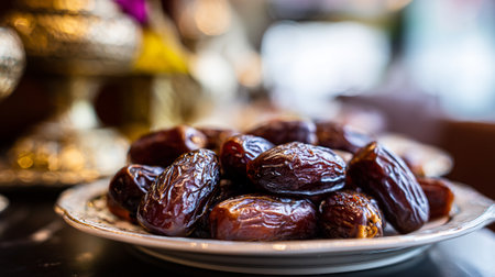 Dates on a decorative plate, delicious Middle Eastern fruits, healthy snack.の素材