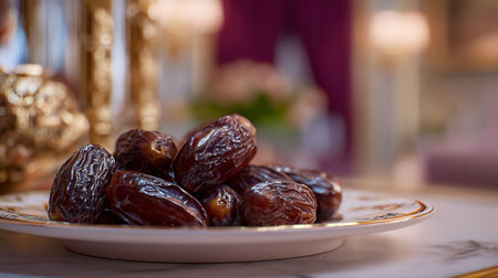Dates on a Decorative Plate Displayed in an Elegant Interior Settingの素材