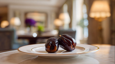 Two Medjool Dates Presented Elegantly in a Sophisticated Dining Settingの素材