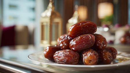 Delicious Shiny Dates Stacked on Elegant Plate with Golden Lanterns Backdropの素材
