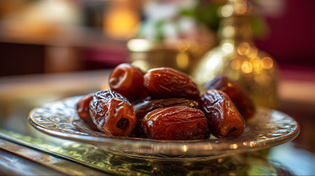 Exquisite Dates on Glass Dish: A Middle Eastern Delicacy Still Lifeの素材
