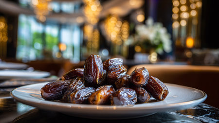Elegant Presentation of Dates in a Luxurious Restaurant Setting with Bokeh Lightingの素材