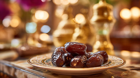 Ramadan Dates Still Life Displayed on Ornate Plate and Backgroundの素材