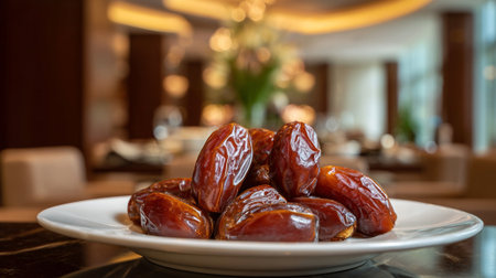 Succulent dates, a traditional treat, presented beautifully on a white ceramic plate.の素材