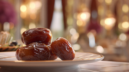 Delicious Medjool Dates Stacked on a White Plate with Gold Trimの素材