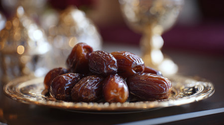 Delicious Shiny Dates Arranged on a Golden Plate, Traditional Treatの素材