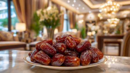 Delicious Fresh Dates Displayed on Elegant Marble Table in Luxurious Settingの素材