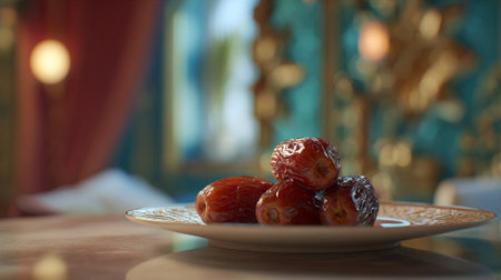 Delicious Dates on Ornamental Plate in Soft Light, a Taste of Middle Eastの素材