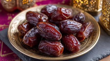 Delicious Medjool Dates Displayed on an Ornate Golden Plate for Ramadanの素材
