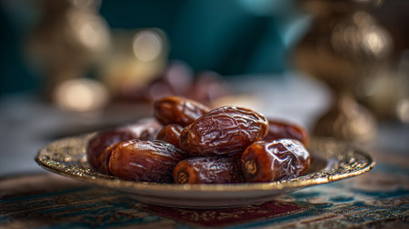 Delicious dates on ornamental plate offer healthy snack option with golden accents.の素材