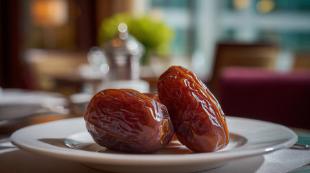 Medjool Dates on Elegant White Plate with Background Table Settingの素材
