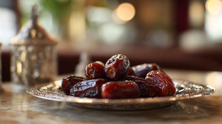 Arabian Dates Presentation on Silver Plate with Decorative Sugar Containerの素材
