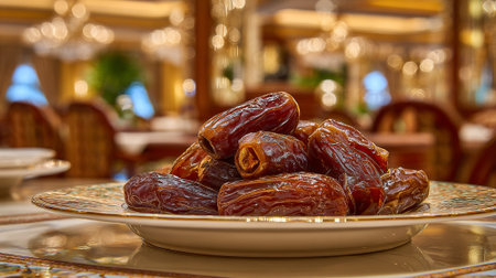 Dates on Elegant Plate in an Ornate Interior with Warm Lightingの素材