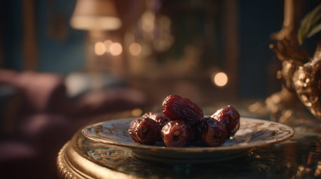 Dates displayed on an ornate plate in elegant room settingの素材
