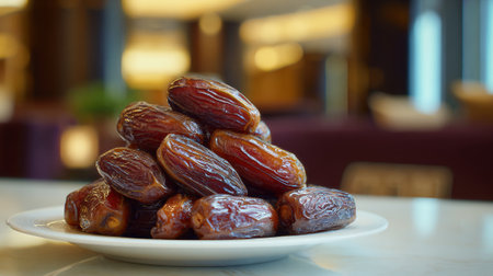 Delicious Pile of Medjool Dates on White Plate with Soft Lightingの素材
