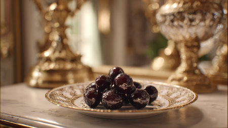 Luxurious Still Life: Ripe Cherries Displayed on an Ornate Plate with Gold Accentsの素材