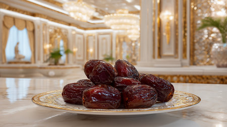 Elegant arrangement of ripe dates on a decorative plate in palace interiorの素材