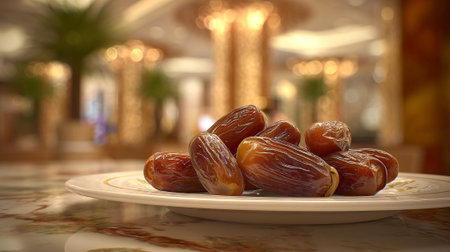 Luxurious dates arrangement on marble table, presented in a blurred, elegant settingの素材