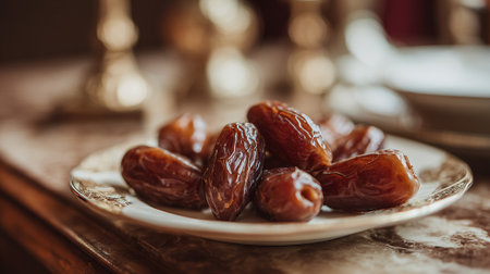 Elegant arrangement of luscious dates on a decorative plate with blurred backgroundの素材