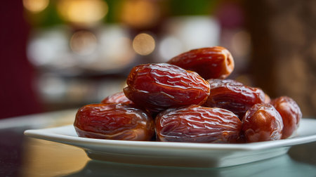 Delicious and Fresh Medjool Dates Piled High on a White Square Plateの素材