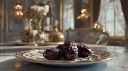 Elegant plate of dates presented in a luxurious setting for discerning tastesの素材