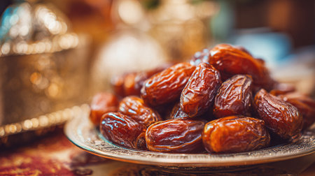 Tempting Fresh Dates on Ornate Plate in Warm, Inviting Lightの素材