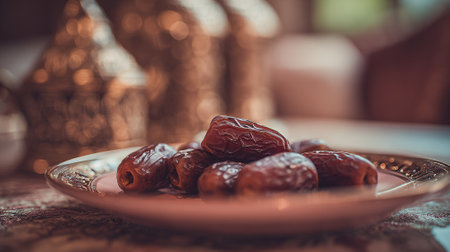 Dates fruit arranged attractively on a gold rimmed pink plate.の素材