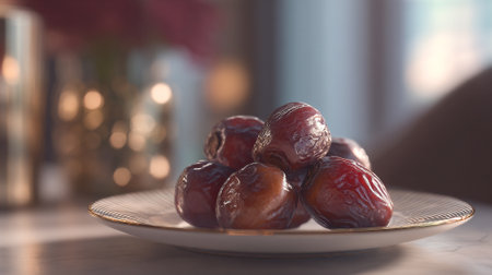 Delicious Medjool Dates Stacked on a Stylish Plate for a Treatの素材