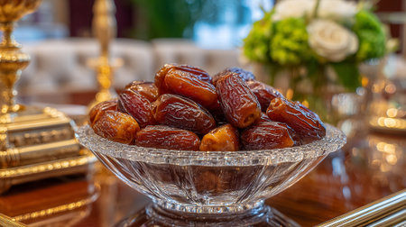 Elegant display of fresh Medjool dates in crystal bowl, sophisticated backgroundの素材