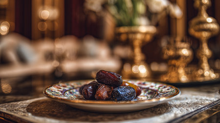 Dates on ornate plate with golden decorations, in soft, blurred luxurious settingの素材
