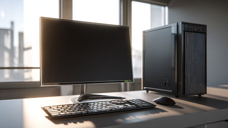 A modern desktop computer arrangement featuring a monitor, keyboard, mouse, and tower is placed on a bright desk in an airy office space, creating a productive workspace.の素材
