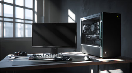 A modern desktop setup featuring a computer monitor, mechanical keyboard, computer case with internal components, mouse, and DSLR camera, bathed in soft window light creating an atmosphere of productivity.の素材