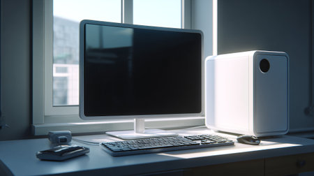 Image features a clean, minimalist desktop computer setup placed against a window providing natural light. Includes a computer monitor, keyboard, mouse and computer tower, with a simple and modern aesthetic.の素材