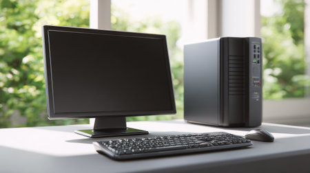 A sophisticated desktop computer setup featuring a flat screen monitor, keyboard, mouse and computer tower, all set against a background of greenery visible through a window, creating bright light.の素材