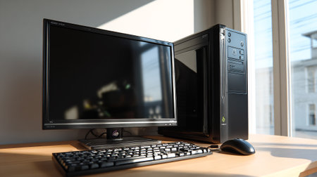 A sleek black desktop computer setup featuring a monitor, keyboard, and mouse is arranged on a light wooden desk, positioned in front of a bright window.の素材