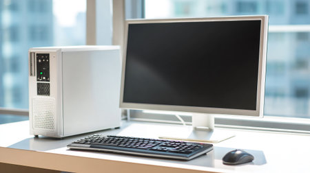 Minimalist computer setup features a white tower PC, flat screen monitor, keyboard, and mouse against a bright window with blurred city skyline. Clean design conveys professional computing environment.の素材