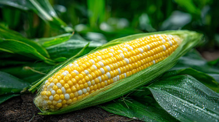 Fresh bicolor sweet corn on a bed of leaves ready for harvest.の素材