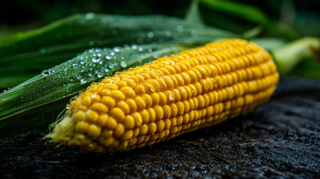 Fresh yellow corn with water droplets on leaves and black surface.の素材
