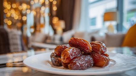 Medjool Dates Stacked on White Plate with Ambient Bokeh Lightの素材