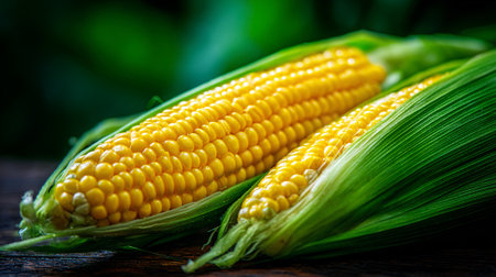 Two Fresh Corn Cobs with Green Husks Lying on Rustic Wooden Surfaceの素材