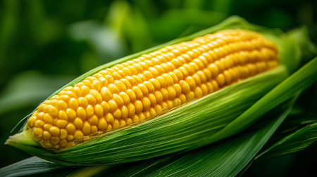 Fresh Yellow Corn on the Cob with Green Husks Backgroundの素材