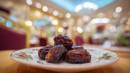Delicious dates on an ornate plate with a soft focus backgroundの素材