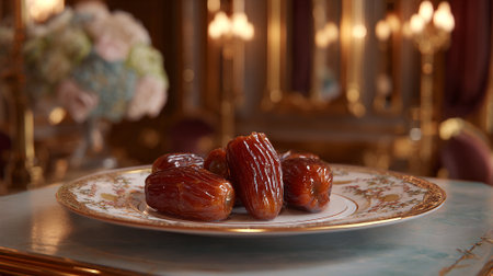 Gourmet Dates on Vintage Plate in Rich, Warm, and Luxurious Settingの素材