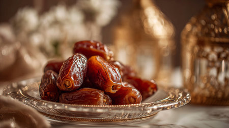 Dates on elegant glass plate, showcasing traditional Middle Eastern hospitality and delicacies.の素材