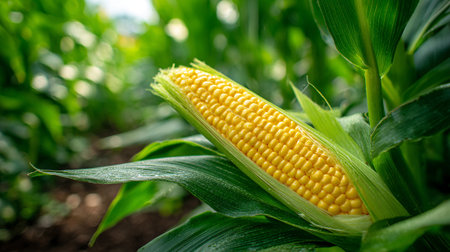 Fresh yellow corn on the cob growing in the field ready to harvest.の素材
