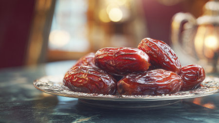 Fresh dates arranged elegantly on a decorative silver platter under soft lightの素材