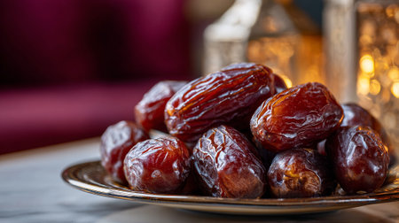 Delicious glistening dates presented in a traditional Middle Eastern settingの素材